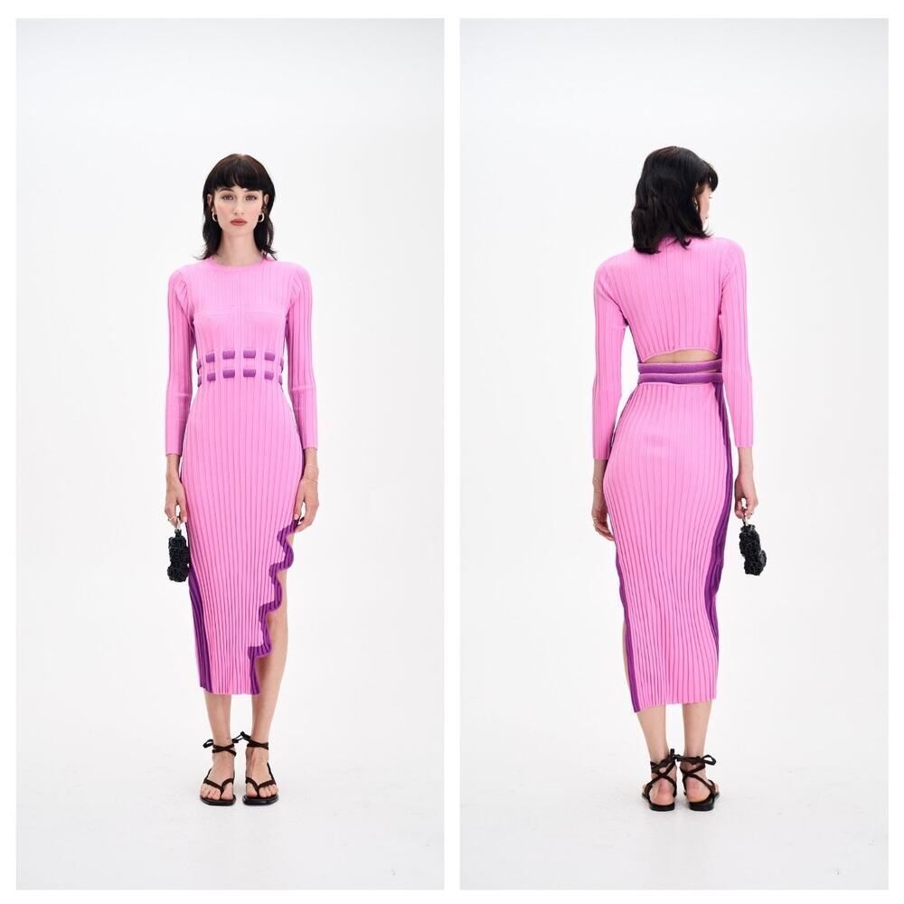 PH5 Aster Pleated Midi Dress with Wavy Slit in a pink and mulberry colorway XL